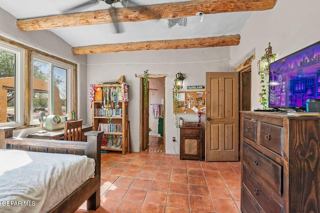 32 Cielo Dorado Dr, Anthony, NM 88021 - bedroom featuring visible vents, beamed ceiling, and light tile patterned floors