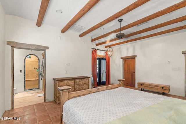 32 Cielo Dorado Dr, Anthony, NM 88021 - bedroom with tile patterned floors, visible vents, and beam ceiling