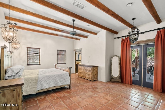 32 Cielo Dorado Dr, Anthony, NM 88021 - bedroom featuring access to outside, an inviting chandelier, french doors, visible vents, and beam ceiling