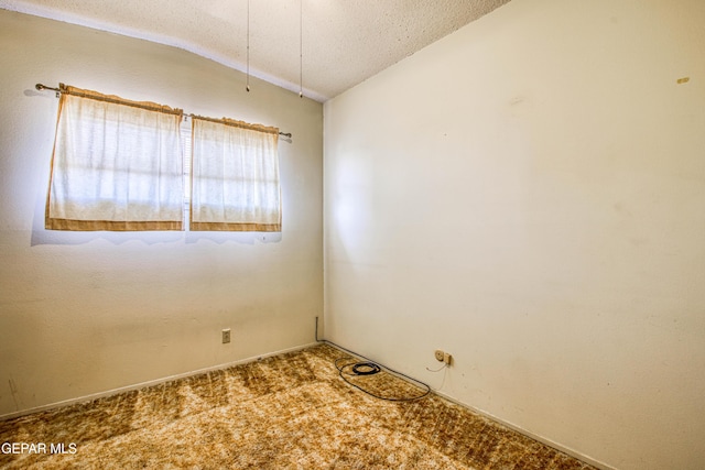 spare room with a textured ceiling, carpet flooring, and lofted ceiling