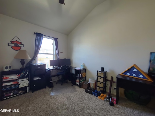 office space featuring carpet flooring and vaulted ceiling