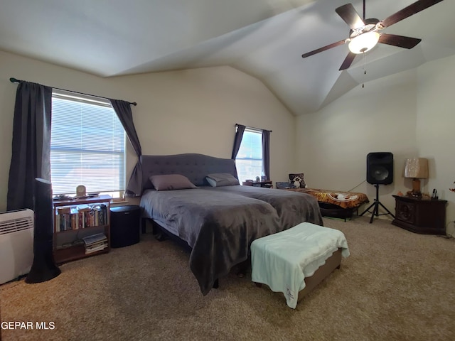 bedroom with carpet floors, a ceiling fan, and vaulted ceiling