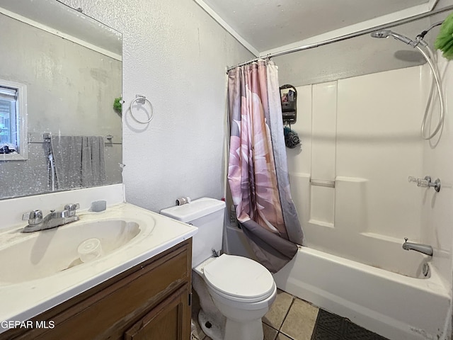 81 N Eucalyptus St, El Paso, TX 79901 - full bath with shower / bath combination with curtain, vanity, toilet, tile patterned floors, and a textured wall