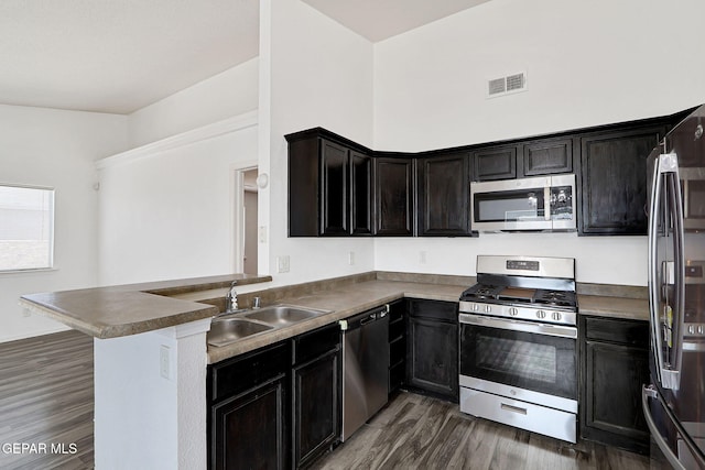 12729 Raul Mendiola Ln, El Paso, TX 79938 - kitchen with appliances with stainless steel finishes, a sink, dark wood-style flooring, and a peninsula