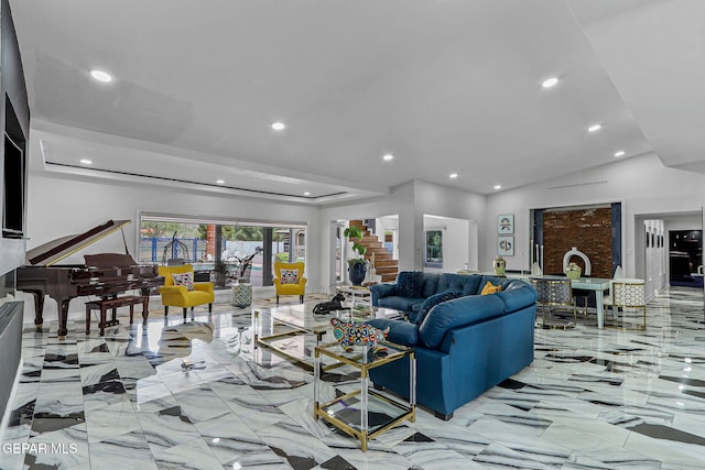 701 La Cruz Dr, El Paso, TX 79902 - living room featuring recessed lighting, marble finish floor, and lofted ceiling
