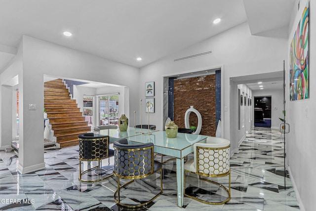 701 La Cruz Dr, El Paso, TX 79902 - dining room featuring baseboards, recessed lighting, stairs, marble finish floor, and lofted ceiling