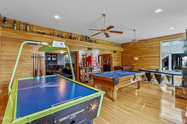 701 La Cruz Dr, El Paso, TX 79902 - game room with a ceiling fan, wooden walls, billiards, recessed lighting, and wood finished floors