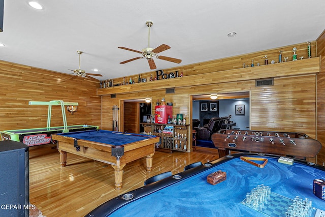701 La Cruz Dr, El Paso, TX 79902 - recreation room with wood walls, ceiling fan, wood finished floors, and pool table