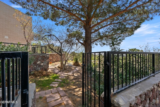 view of yard featuring fence and a gate