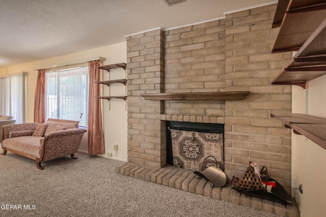 10632 Park View Cir, El Paso, TX 79935 - living area with a fireplace, a textured ceiling, and carpet floors