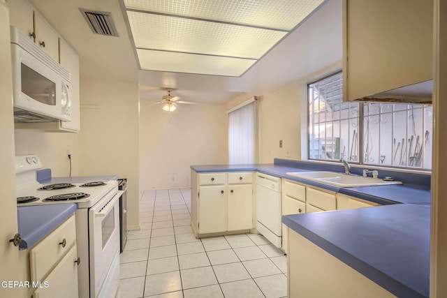 10632 Park View Cir, El Paso, TX 79935 - kitchen with visible vents, a sink, a ceiling fan, white appliances, and a peninsula