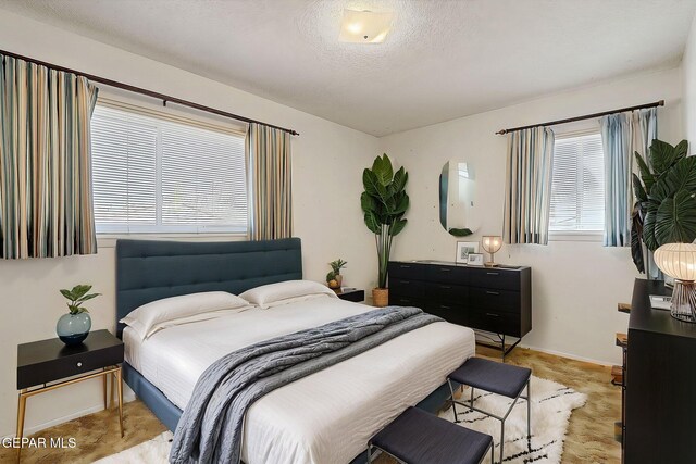 bedroom with a textured ceiling and light colored carpet