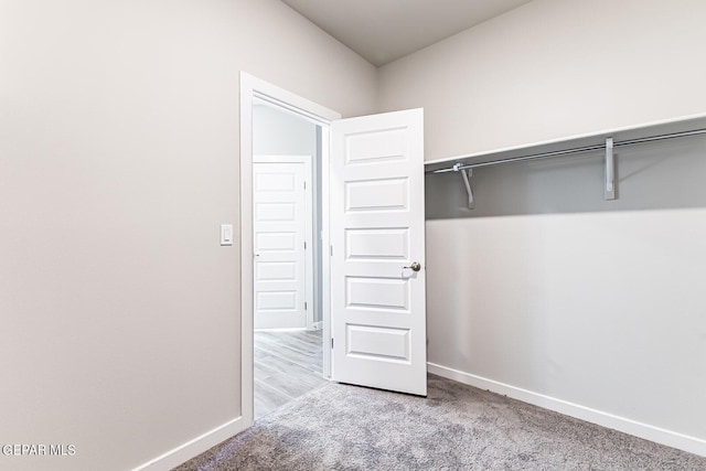 walk in closet with light carpet