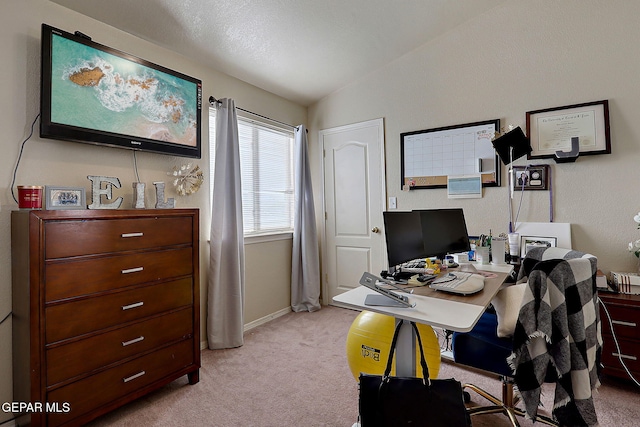 office with light colored carpet, vaulted ceiling, and baseboards