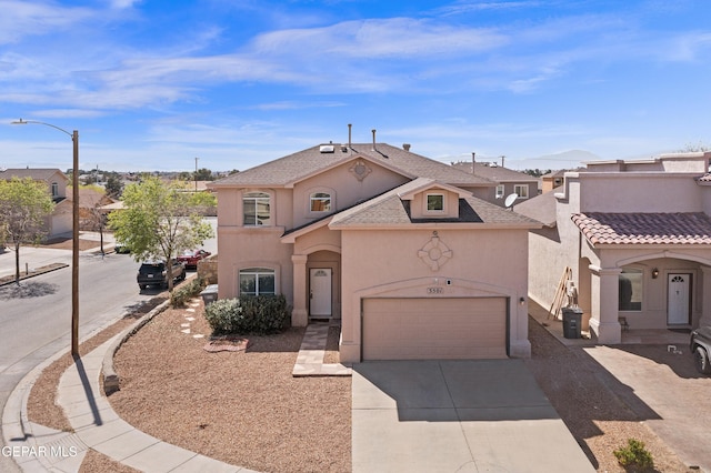 3501 Al Roberts Dr, El Paso, TX 79936 - view of front of house featuring a garage, stucco siding, roof with shingles, driveway, and a residential view