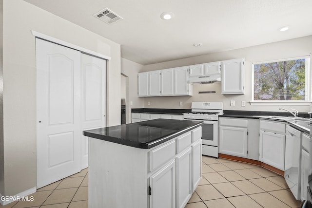 3501 Al Roberts Dr, El Paso, TX 79936 - kitchen with visible vents, a sink, dark countertops, white appliances, and under cabinet range hood