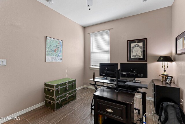 14439 Eastbrook Dr, El Paso, TX 79938 - office with baseboards, a ceiling fan, and wood tiled floor