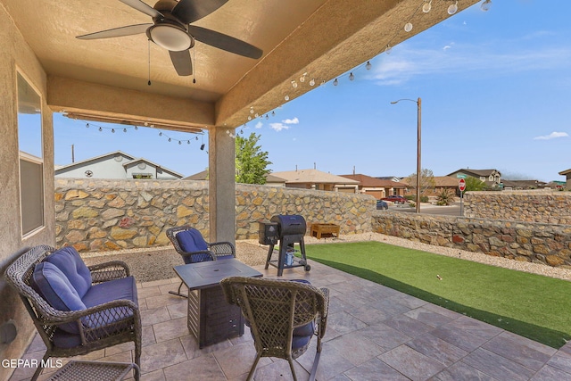 14439 Eastbrook Dr, El Paso, TX 79938 - view of patio / terrace featuring fence, a residential view, and a ceiling fan