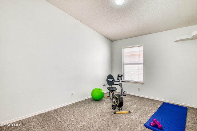 workout area featuring carpet, a textured ceiling, baseboards, and lofted ceiling