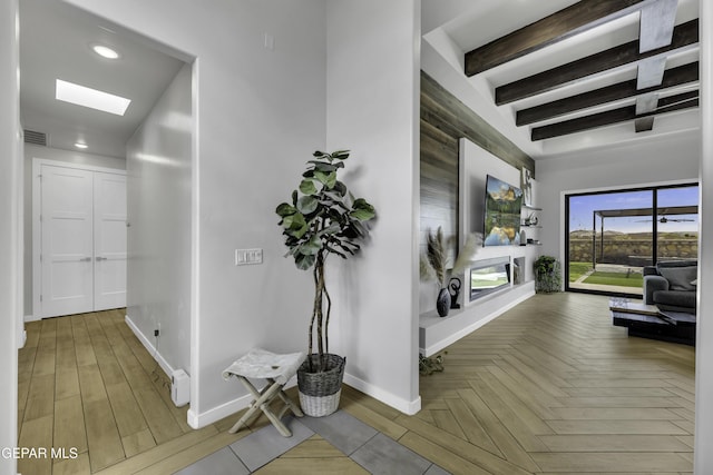 784 Brunswick Pl, Horizon City, TX 79928 - hall with baseboards, recessed lighting, visible vents, beamed ceiling, and a skylight