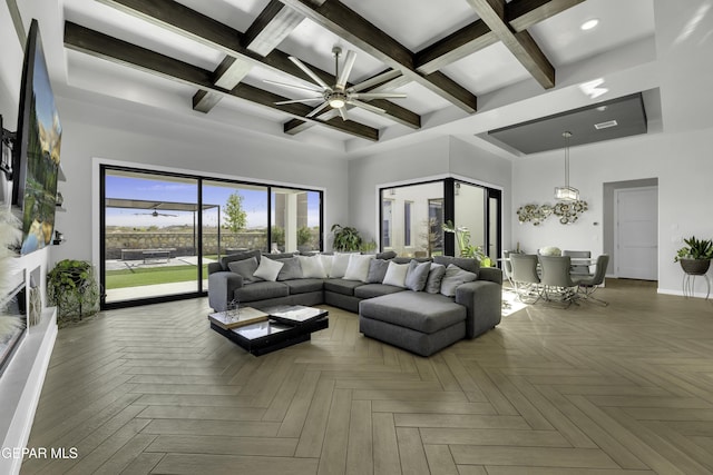 784 Brunswick Pl, Horizon City, TX 79928 - living area with recessed lighting, baseboards, beamed ceiling, and coffered ceiling