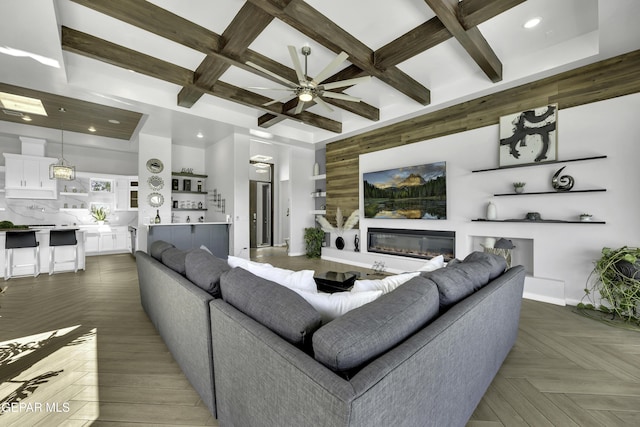784 Brunswick Pl, Horizon City, TX 79928 - living room with coffered ceiling, baseboards, a ceiling fan, and recessed lighting