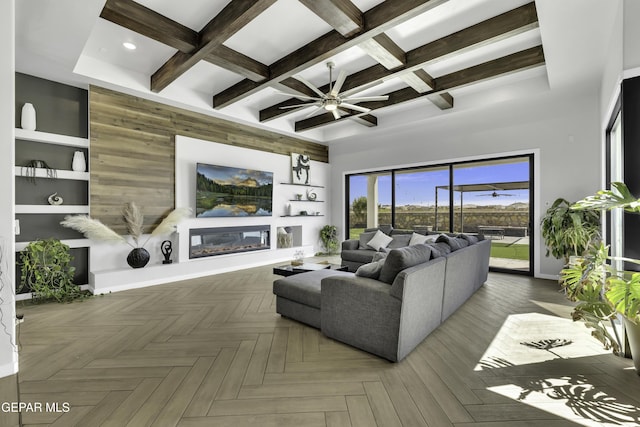 784 Brunswick Pl, Horizon City, TX 79928 - living area featuring a glass covered fireplace, baseboards, recessed lighting, beam ceiling, and coffered ceiling