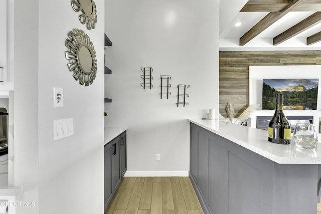 784 Brunswick Pl, Horizon City, TX 79928 - bar with recessed lighting, light wood-style flooring, baseboards, and beamed ceiling