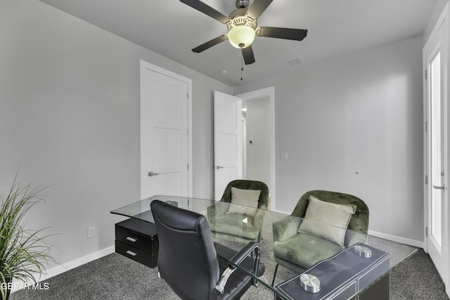 784 Brunswick Pl, Horizon City, TX 79928 - home office with ceiling fan, carpet flooring, baseboards, and visible vents