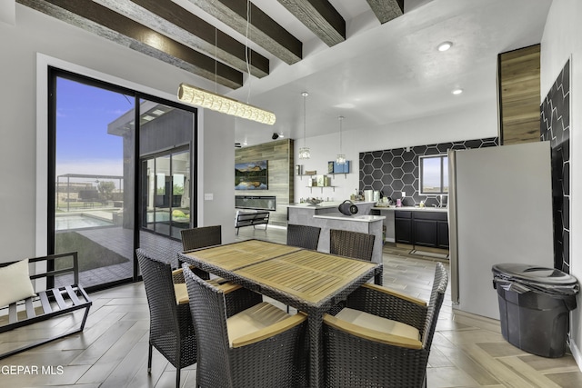 784 Brunswick Pl, Horizon City, TX 79928 - dining area featuring recessed lighting, a towering ceiling, and beamed ceiling