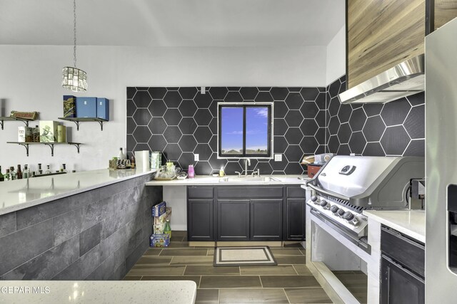 784 Brunswick Pl, Horizon City, TX 79928 - kitchen with light countertops, decorative backsplash, a sink, and wood tiled floor