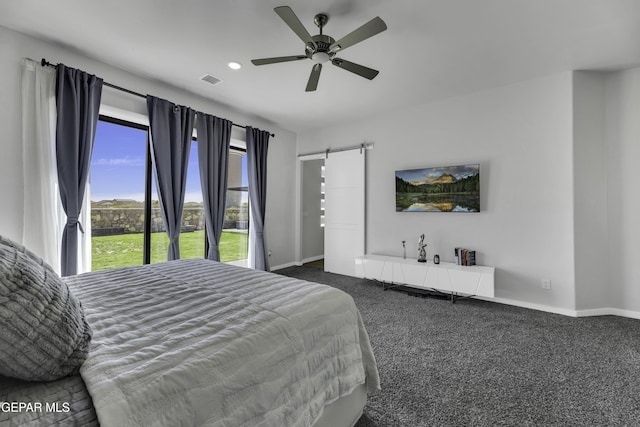 784 Brunswick Pl, Horizon City, TX 79928 - carpeted bedroom with baseboards, recessed lighting, a ceiling fan, a barn door, and visible vents