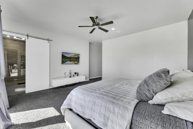 784 Brunswick Pl, Horizon City, TX 79928 - bedroom with carpet flooring, ceiling fan, recessed lighting, and a barn door
