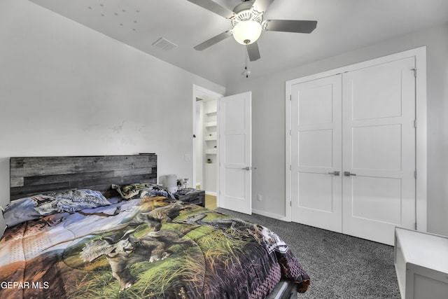 784 Brunswick Pl, Horizon City, TX 79928 - bedroom featuring visible vents, baseboards, a closet, a ceiling fan, and carpet