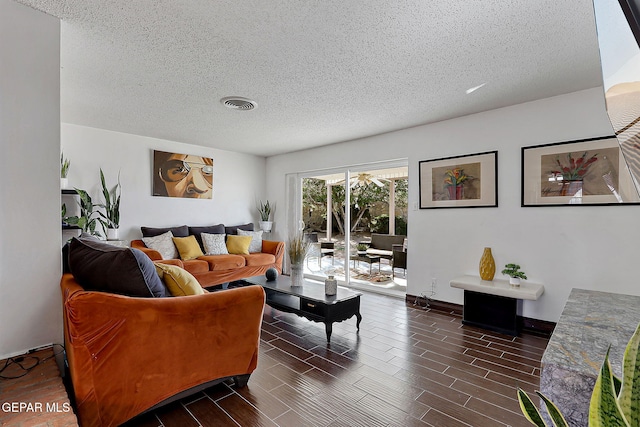 3705 Roslyn Dr, Horizon City, TX 79928 - living area featuring dark wood finished floors, a textured ceiling, and visible vents