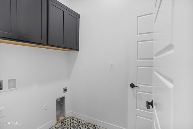 3792 Surmise St, El Paso, TX 79938 - laundry room with electric dryer hookup, cabinet space, baseboards, hookup for a washing machine, and gas dryer hookup