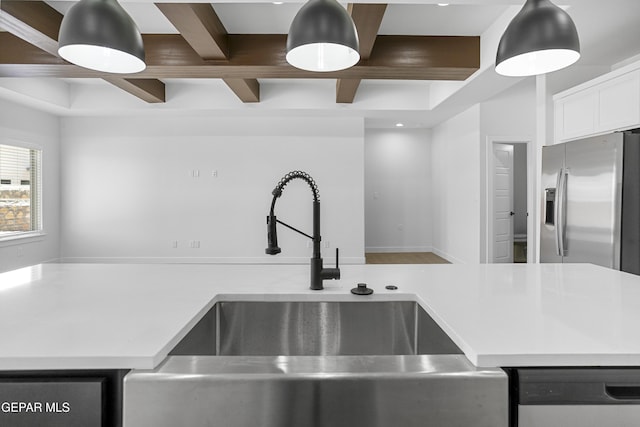 3792 Surmise St, El Paso, TX 79938 - kitchen with stainless steel fridge with ice dispenser, a sink, dishwashing machine, beamed ceiling, and light countertops