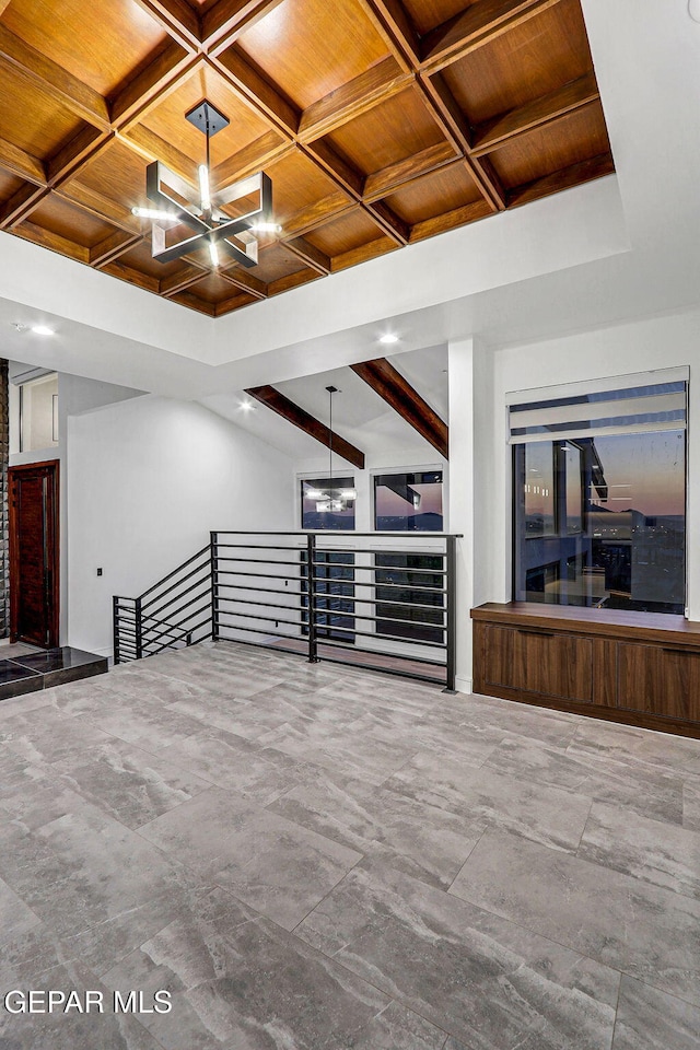 4108 Metetuye Ln, El Paso, TX 79902 - interior space featuring beamed ceiling, wooden ceiling, and an inviting chandelier