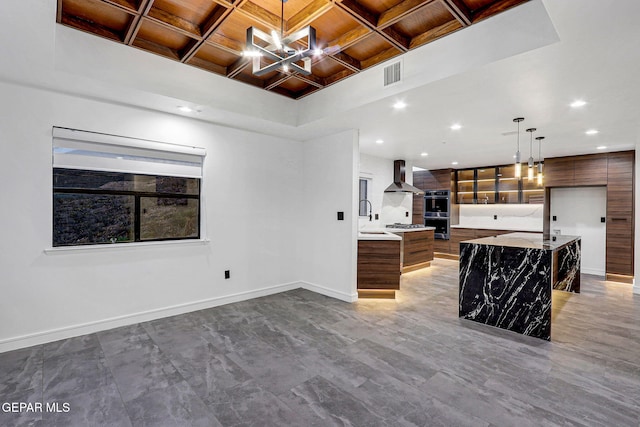 4108 Metetuye Ln, El Paso, TX 79902 - kitchen featuring visible vents, wooden ceiling, wall chimney exhaust hood, modern cabinets, and coffered ceiling