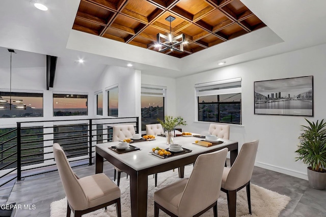 4108 Metetuye Ln, El Paso, TX 79902 - dining area with a notable chandelier, baseboards, recessed lighting, coffered ceiling, and wooden ceiling
