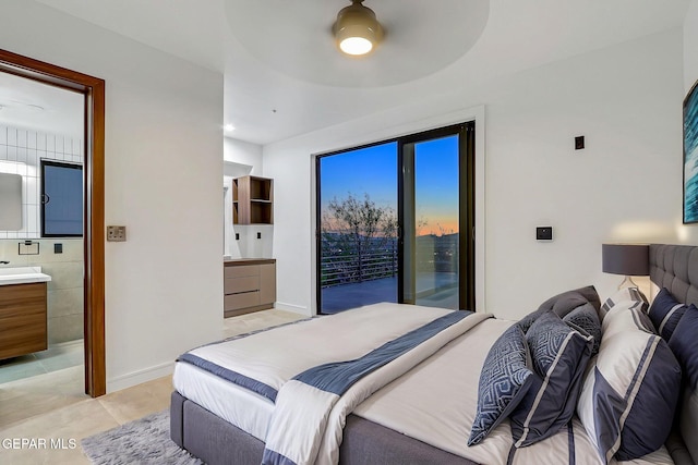 4108 Metetuye Ln, El Paso, TX 79902 - bedroom with access to exterior, ensuite bathroom, ceiling fan, and light tile patterned floors