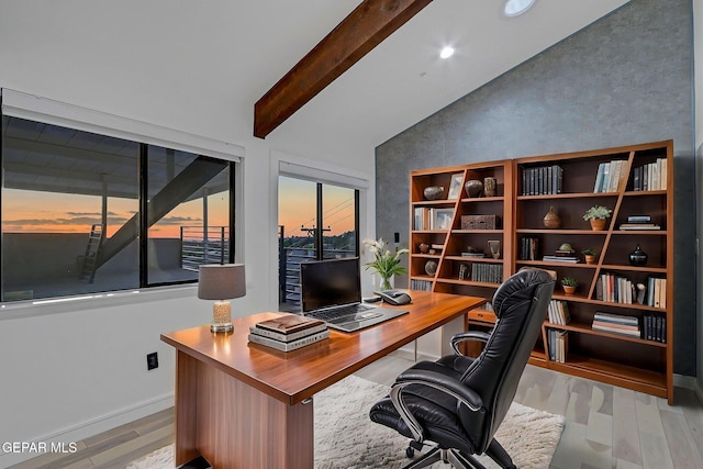 4108 Metetuye Ln, El Paso, TX 79902 - office with recessed lighting, lofted ceiling with beams, baseboards, and wood finished floors
