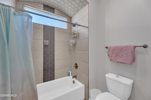 full bathroom with toilet and shower / bathtub combination with curtain