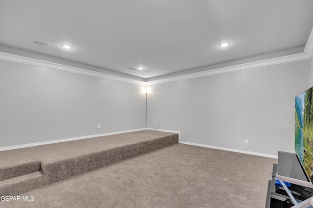 basement with ornamental molding, recessed lighting, and carpet floors