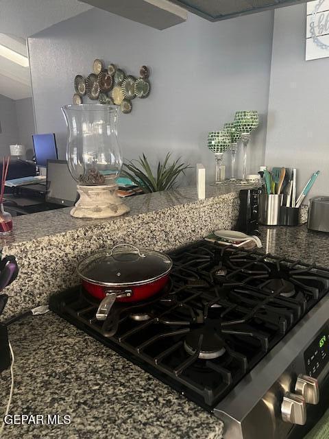 kitchen view of stainless steel gas range oven and cooktop
