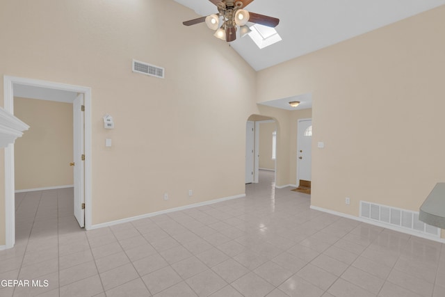 7341 Desierto Rojo Ct, El Paso, TX 79912 - unfurnished room featuring high vaulted ceiling, ceiling fan, visible vents, and light tile patterned floors