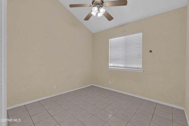 7341 Desierto Rojo Ct, El Paso, TX 79912 - unfurnished room featuring baseboards, vaulted ceiling, a ceiling fan, and light tile patterned floors