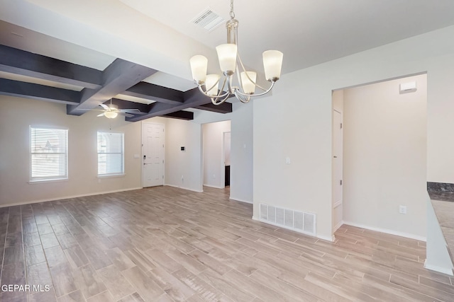 unfurnished room featuring light wood-style floors, ceiling fan with notable chandelier, and visible vents