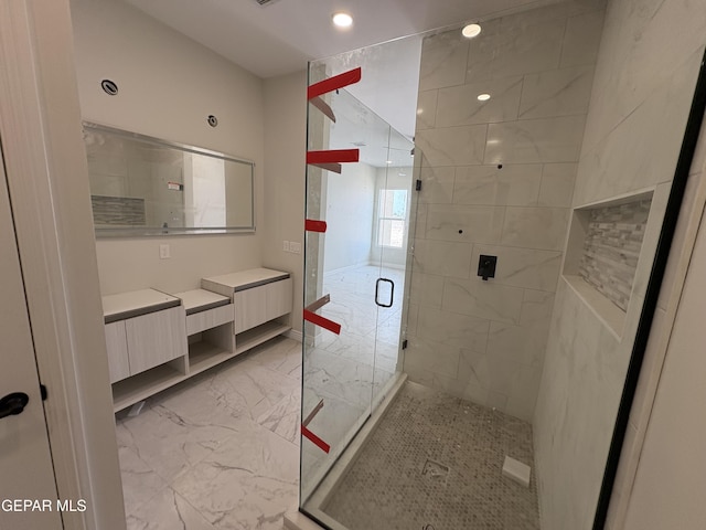 11345 Ardelle Ave, El Paso, TX 79936 - bathroom featuring a shower stall, recessed lighting, vanity, and marble finish floor
