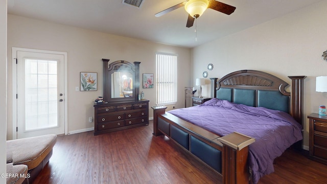 7350 La Casa Way, Canutillo, TX 79835 - bedroom with visible vents, dark wood finished floors, ceiling fan, and baseboards